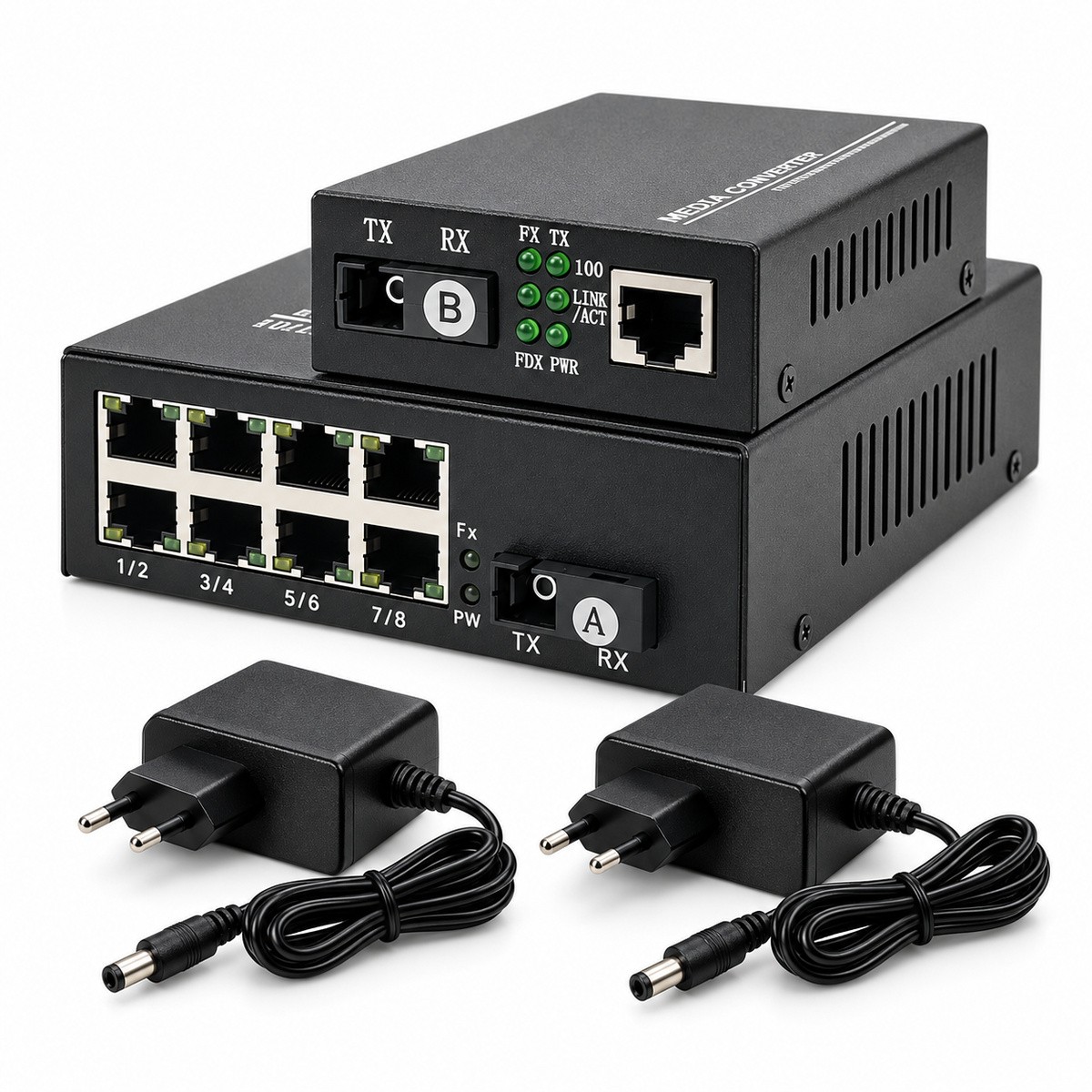 Par Conversor de Mídia Gigabit Fibra A/B 1 e 8 RJ45 com Fontes