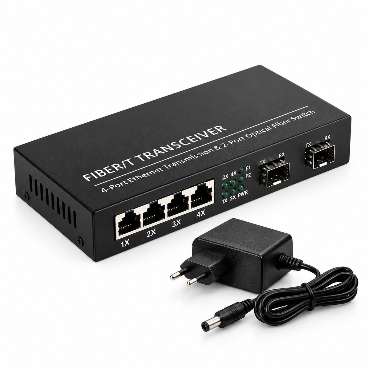 Switch case metálica Placa Gigabit 2 fibra SFP E 4 Rj45 modelo 2 frontal com fonte