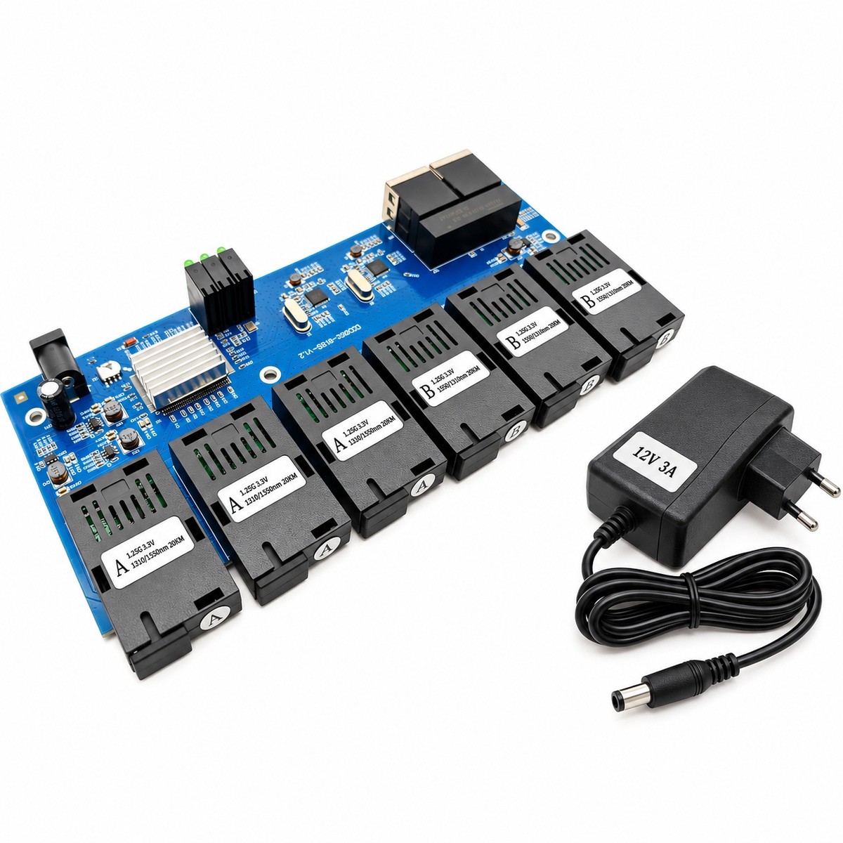 Switch Placa Gigabit 6 Portas Fibra SC-UPC e 2 RJ45 com Fonte