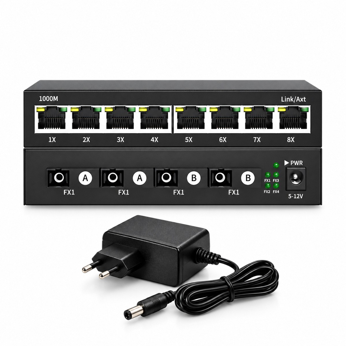 Switch Gigabit 4 Fibra SC A/B 8 Portas RJ45 Case Metálica Com Fonte