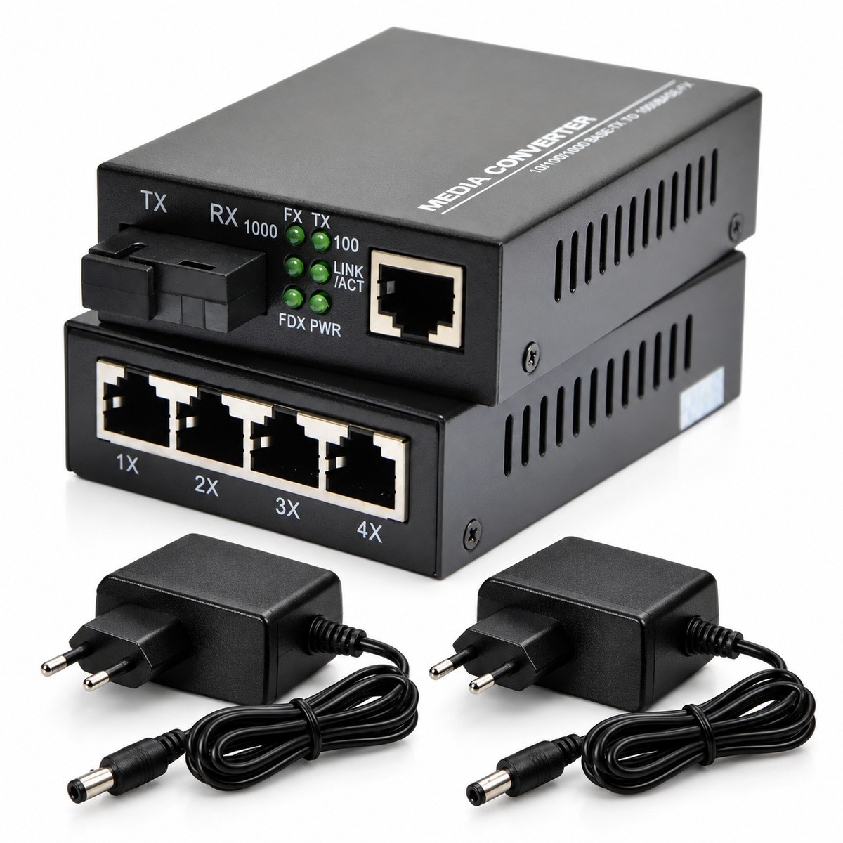 Par Conversor de Mídia Gigabit Fibra A/B 1 e 4 RJ45 com Fontes