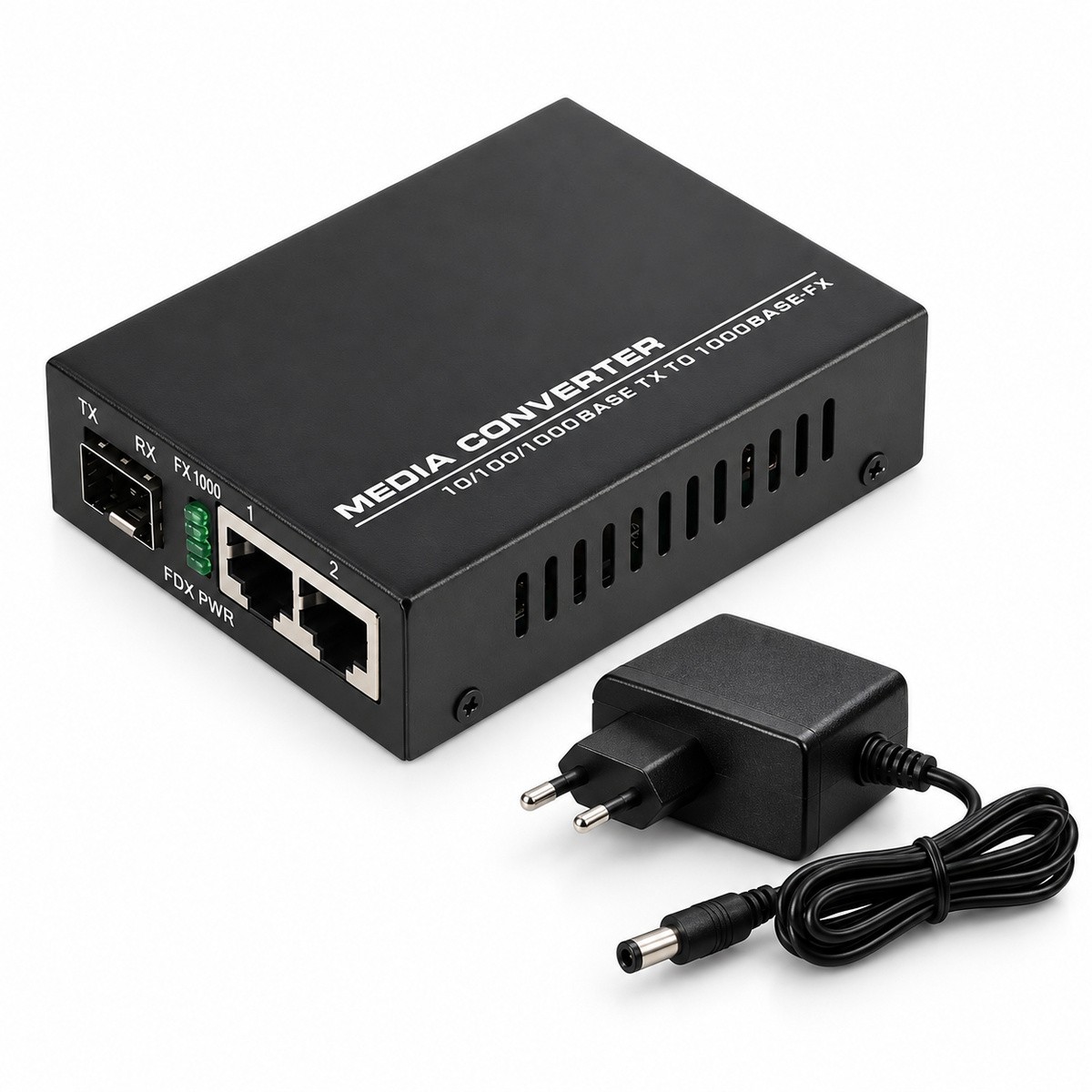Switch Conversor de Mídia Gigabit 1 SFP 2 RJ45 Case Metálica Com Fonte
